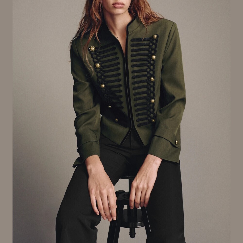 Olive Green Military Band Jacket w/ Black Braided Trim & Hook Button Front